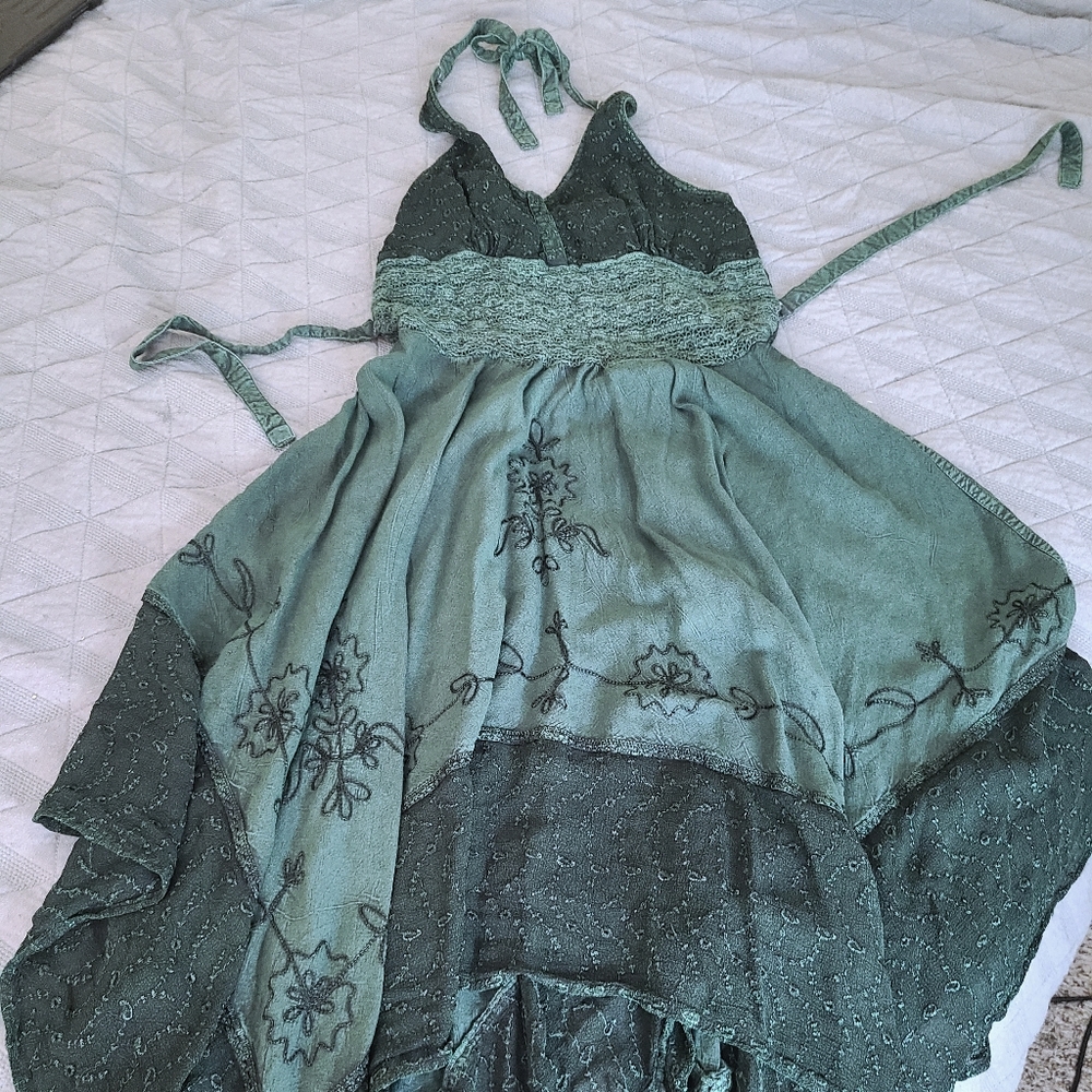 Green Embroidered Halter Summer Dress